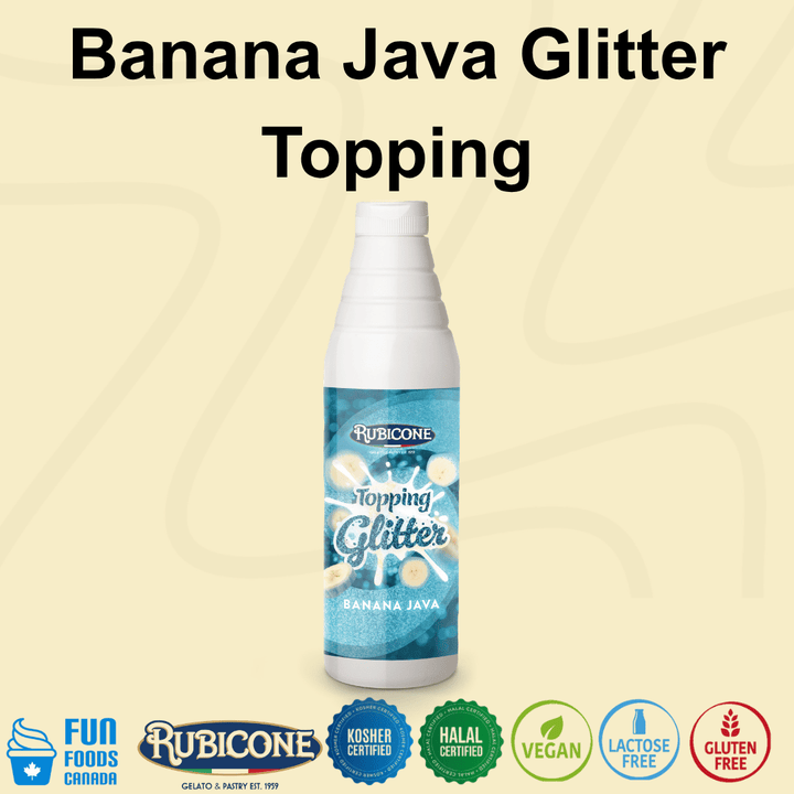 Rubicone Banana Java Glitter Topping, a banana-flavoured dessert sauce with a vibrant blue shimmering glitter effect for decorating gelato, ice cream, frozen yogurt, milkshakes, pastries and desserts. Kosher, Halal, Vegan, Lactose-Free and Gluten-Free.
