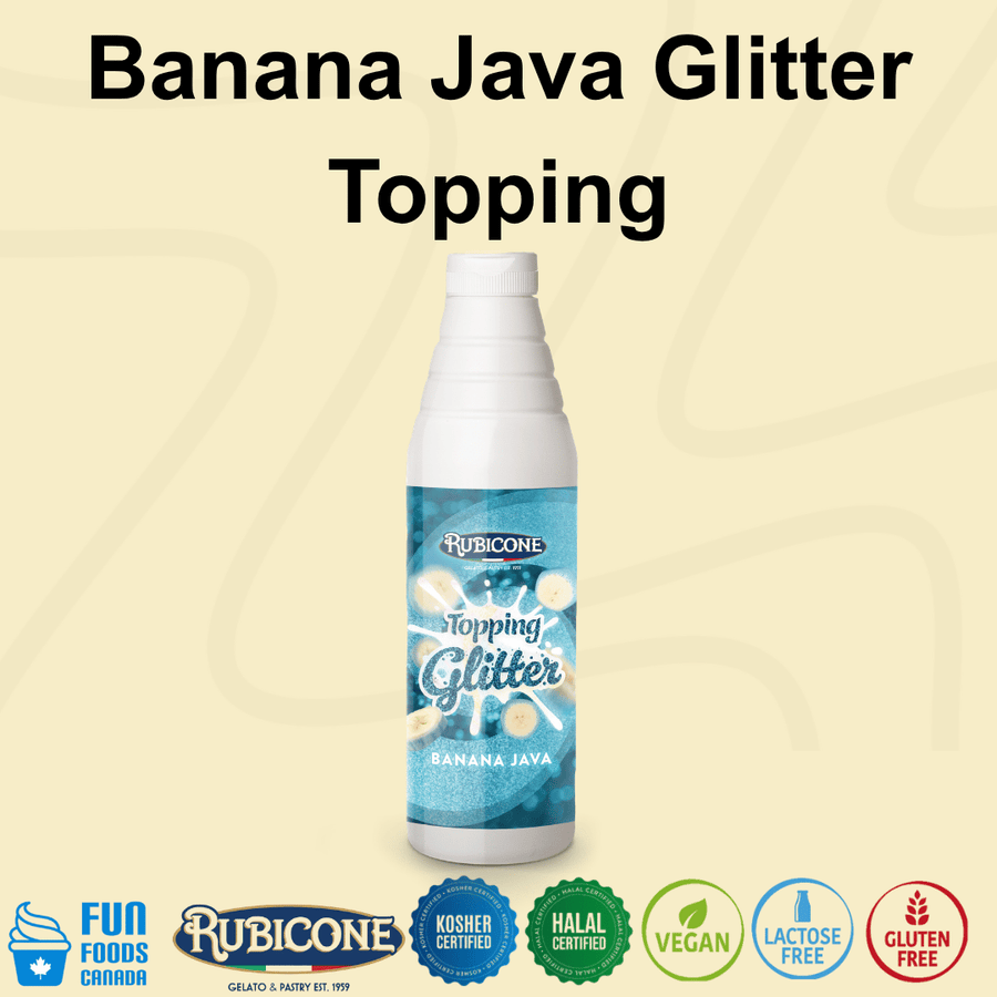 Rubicone Banana Java Glitter Topping, a banana-flavoured dessert sauce with a vibrant blue shimmering glitter effect for decorating gelato, ice cream, frozen yogurt, milkshakes, pastries and desserts. Kosher, Halal, Vegan, Lactose-Free and Gluten-Free.
