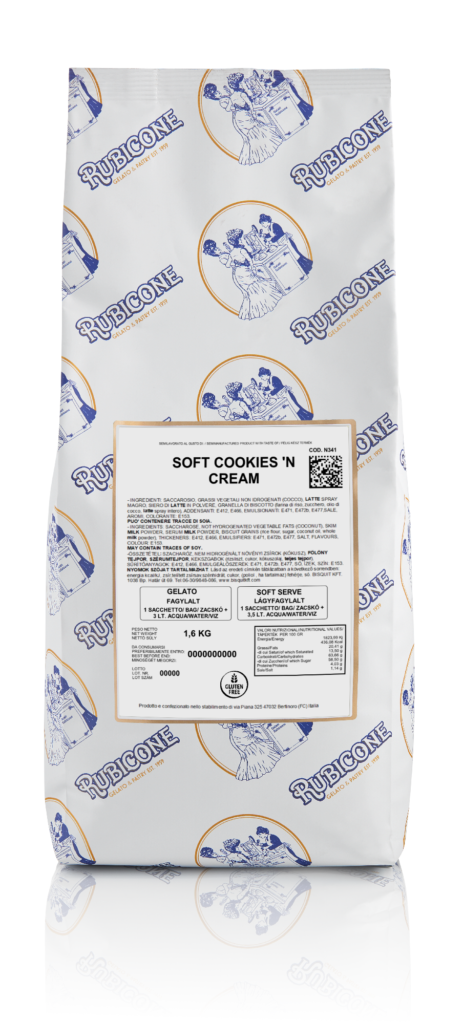 1.6 KG packaging of Rubicone Soft Cookies 'N Cream Soft Serve Powder Base Mix on a white background - Canadian distribution of Rubicone gelato and pastry products