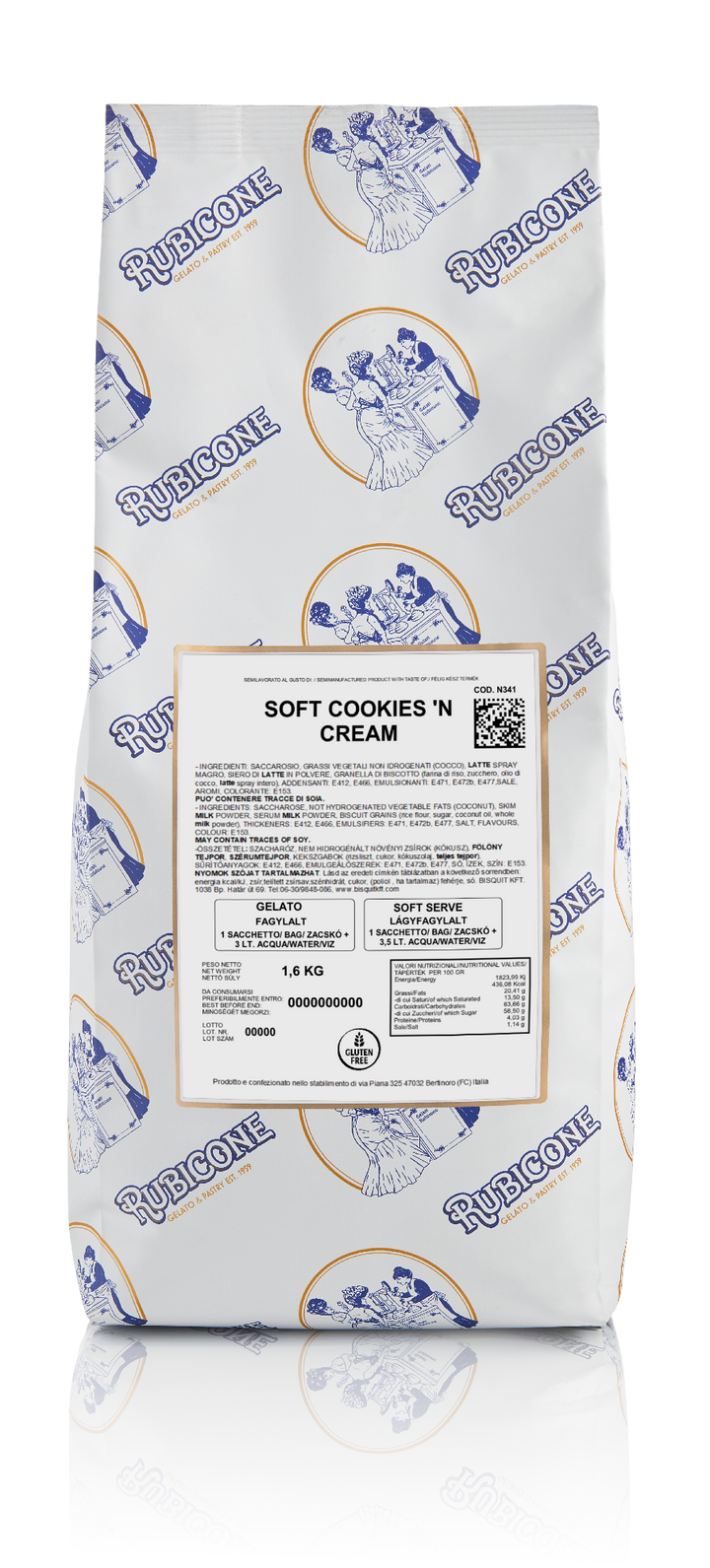 1.6 KG packaging of Rubicone Soft Cookies 'N Cream Soft Serve Powder Base Mix on a white background - Canadian distribution of Rubicone gelato and pastry products