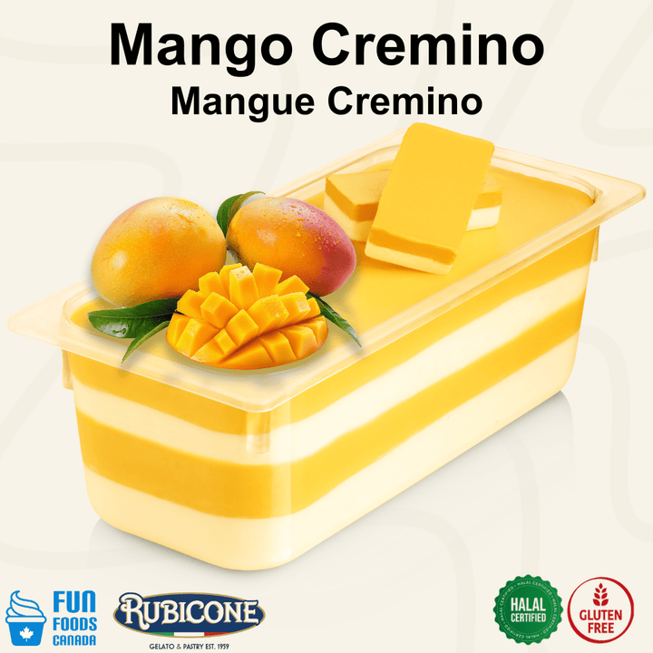 Rubicone Mango Cremino for premium gelato layers and textures, featuring layered mango cremino in a display pan topped with diced mango and decorative cremino bars. Available in Canada from Fun Foods Canada.