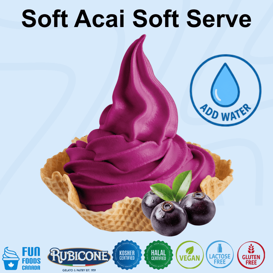 A swirl of purple acai soft serve in a waffle cone with blueberries, on a light blue background with the text 'Soft Acai Soft Serve' and an 'ADD WATER' badge. Brand logos for Fun Foods Canada, Rubicone, kosher certified, halal certified, vegan, lactose free, and gluten free are shown along the bottom.