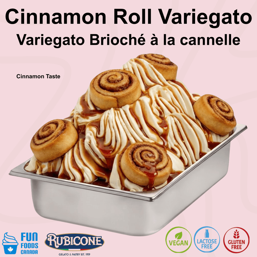Rubicone Cinnamon Roll Variegato gelato variegate with cinnamon swirl sauce and cinnamon roll pieces. Ideal for gelato, ice cream and frozen desserts. Vegan, lactose free and gluten free.