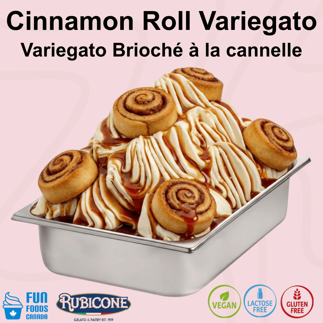 Rubicone Cinnamon Roll Variegato gelato variegate with cinnamon swirl sauce and cinnamon roll pieces. Ideal for gelato, ice cream and frozen desserts. Vegan, lactose free and gluten free.