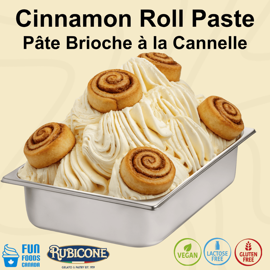 Rubicone Cinnamon Roll Paste in a wide gelato pan, shown with cinnamon rolls on top, on a light beige background with Fun Foods Canada and Rubicone brand logos and certification badges: Vegan, lactose-free, and gluten-free.