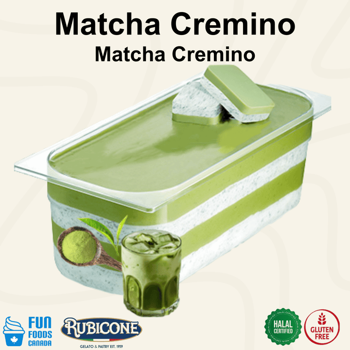 Rubicone Matcha Cremino for premium gelato layers and textures, featuring layered matcha cremino in a smooth display pan with decorative cremino bars. Available in Canada from Fun Foods Canada.