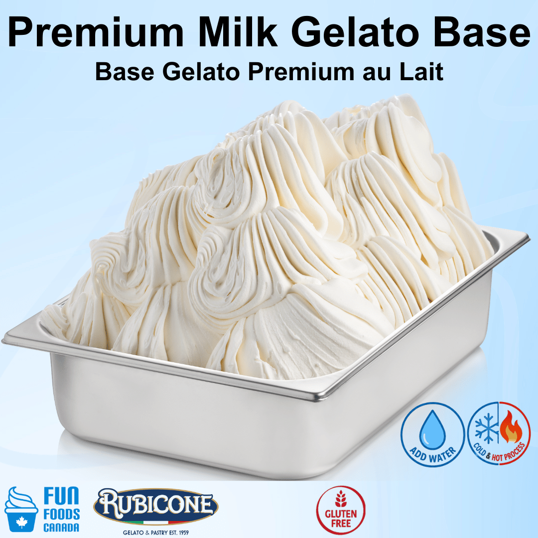 Container of Premium Milk Gelato Base with Rubicone logo on a light blue background