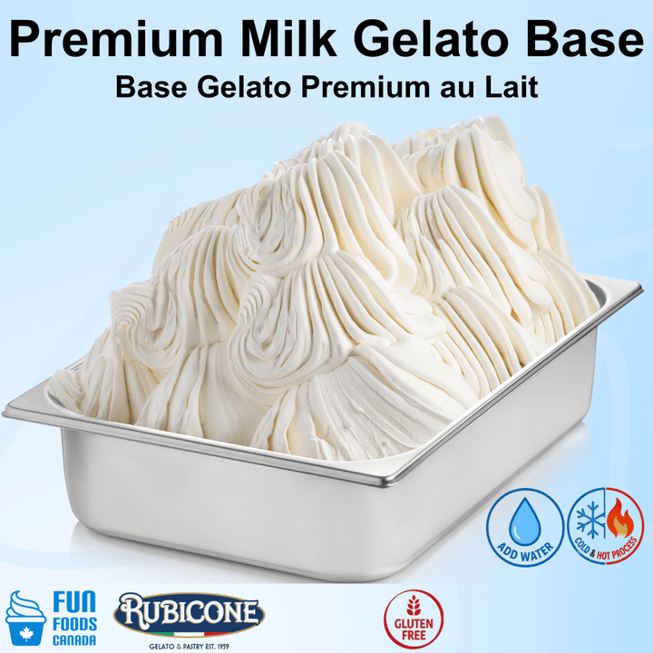 Container of Premium Milk Gelato Base with Rubicone logo on a light blue background