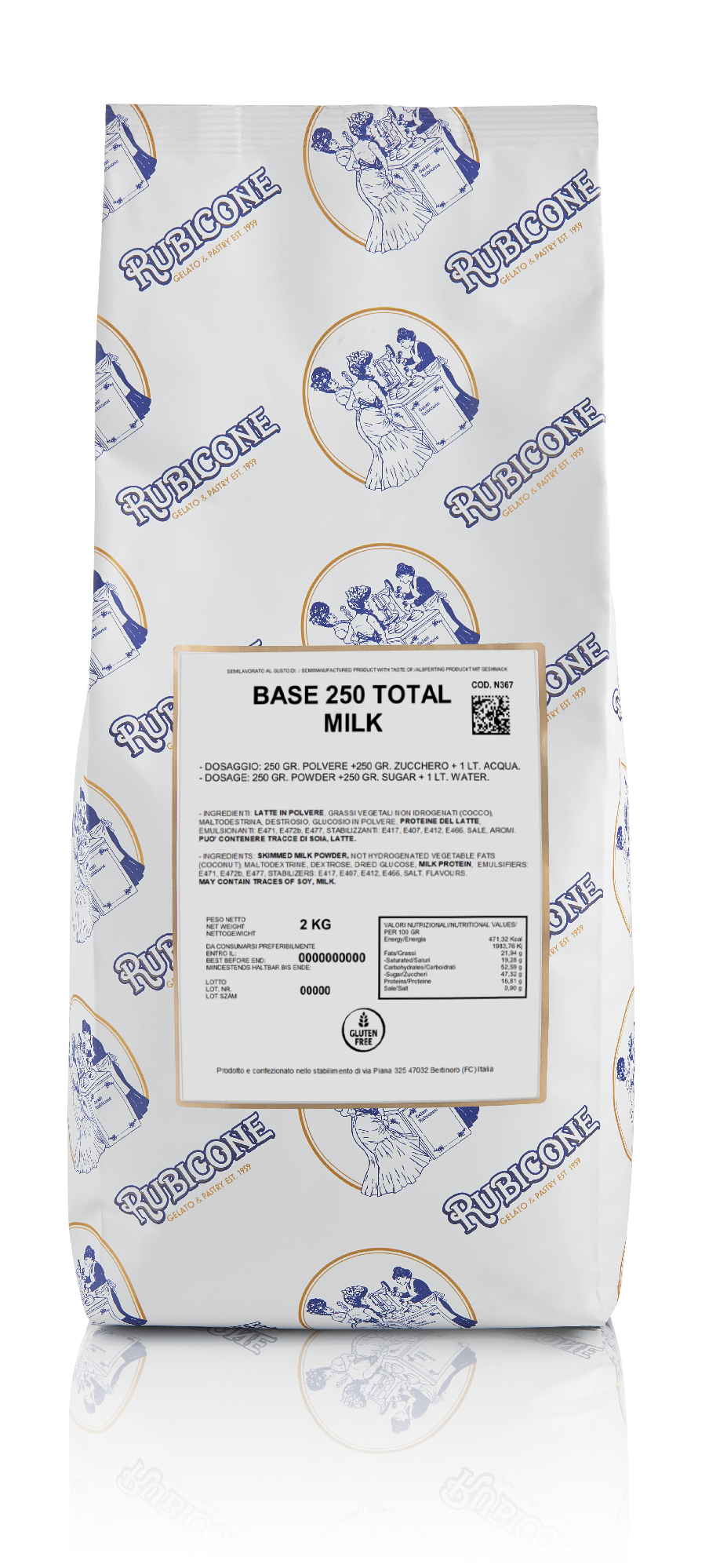2 KG bag of Rubicone Base 250 Total Milk on a white background - Canadian distribution of Rubicone gelato and pastry products