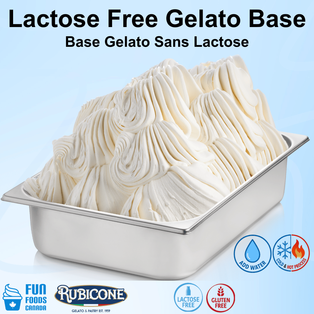 Lactose-free gelato base in a metal container with Rubicone branding and certification badges on a light blue background.