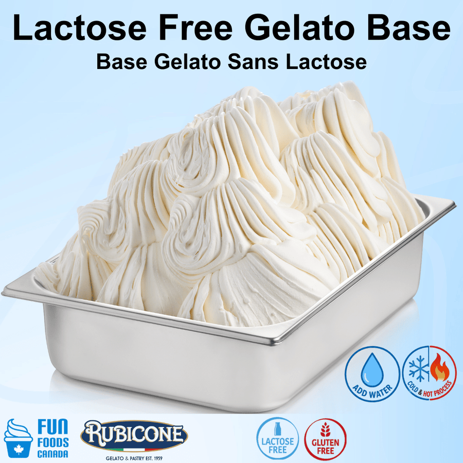 Lactose-free gelato base in a metal container with Rubicone branding and certification badges on a light blue background.