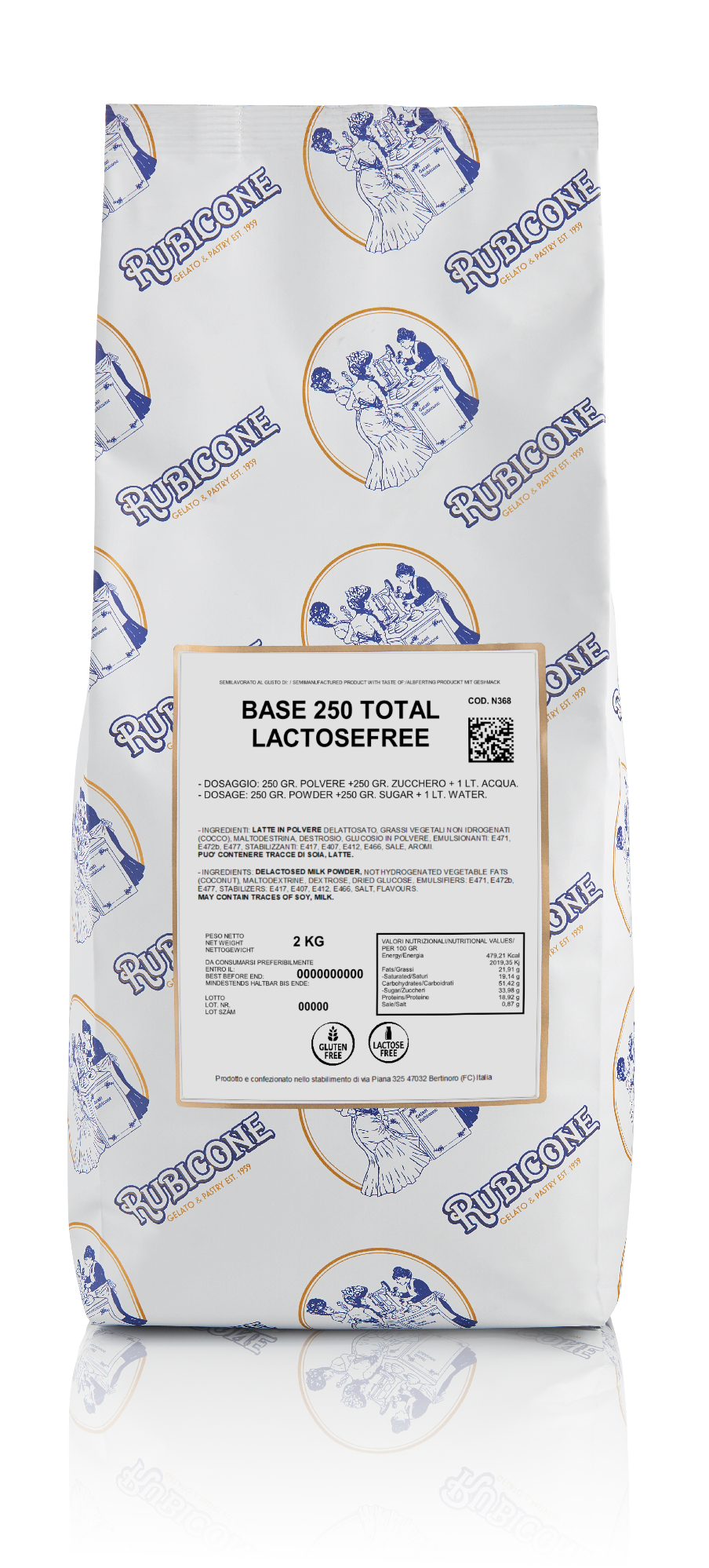 2 KG bag of Rubicone Base 250 Total Lactosefree - Lactose-free Gelato Milk Base - on a white background