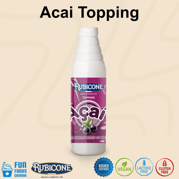 Rubicone Acai Topping, a fruity acai sauce for topping gelato, ice cream, frozen yogurt, smoothie bowls and desserts. Kosher, Vegan, Lactose-Free and Gluten-Free.
