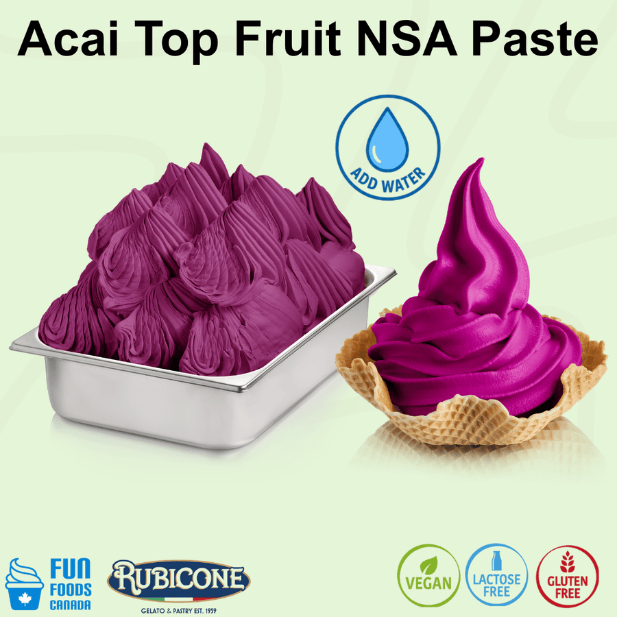 Rubicone Acai Top Fruit NSA Paste – no-sugar-added acai fruit paste for commercial gelato and soft serve in Canada. Vegan, lactose-free, and gluten-free.
