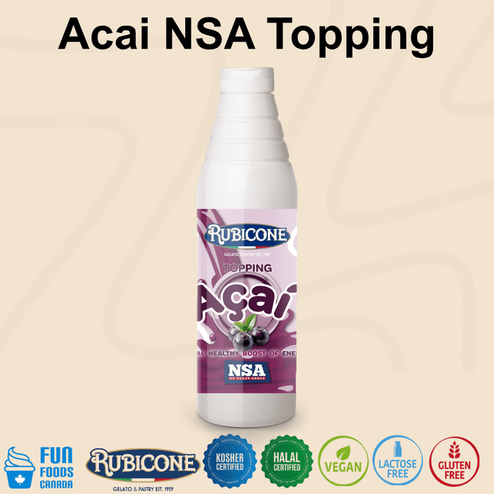 Rubicone Acai NSA Topping, a no-sugar-added acai sauce for topping gelato, ice cream, frozen yogurt, smoothie bowls and desserts. Kosher, Halal, Vegan, Lactose-Free and Gluten-Free.
