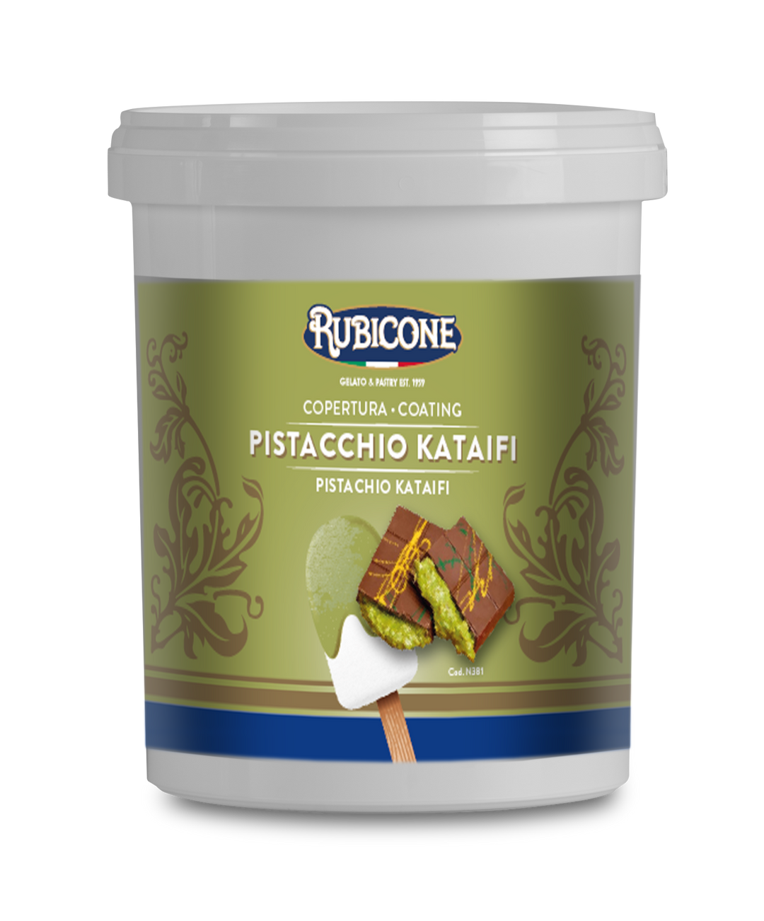 Rubicone pistachio kataifi coating container on a white background