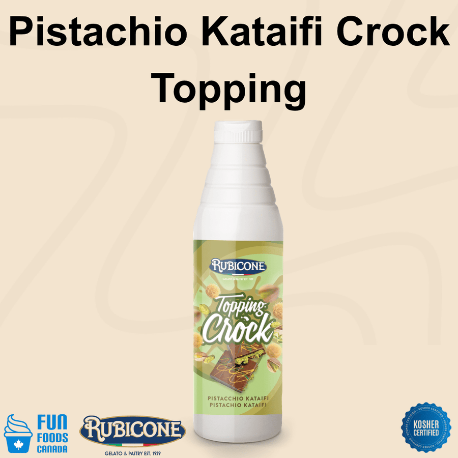 Rubicone Pistachio Kataifi Crock Topping, a crunchy pistachio dessert topping with crispy kataifi pastry pieces, ideal for gelato, ice cream, pastries, cakes and Dubai chocolate-inspired desserts. Kosher Certified.
