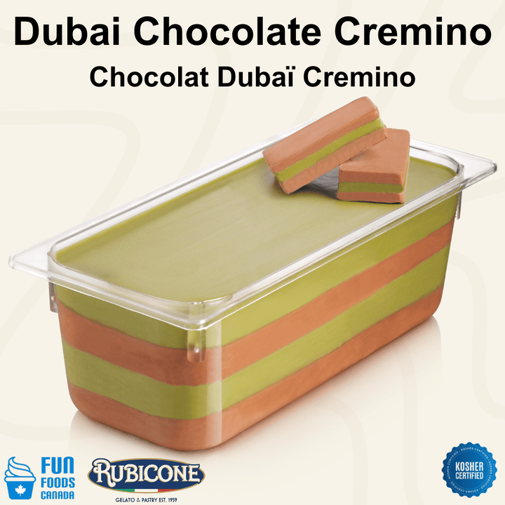 Rubicone Dubai Chocolate Cremino for premium gelato layers and textures, featuring layered Dubai chocolate cremino in a smooth display pan with decorative cremino bars. Available in Canada from Fun Foods Canada.
