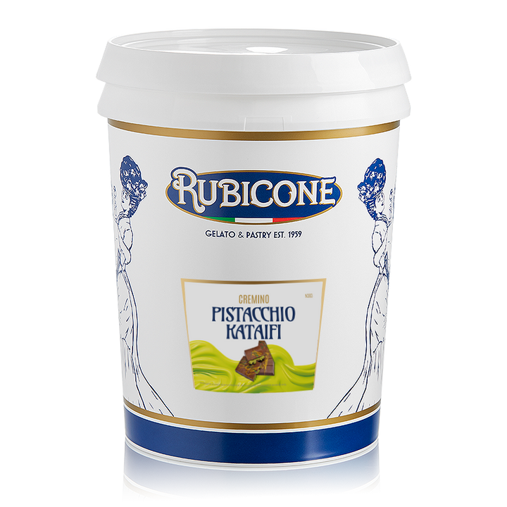 Rubicone cremino 5 KG container with pistachio kataifi flavor on a white background