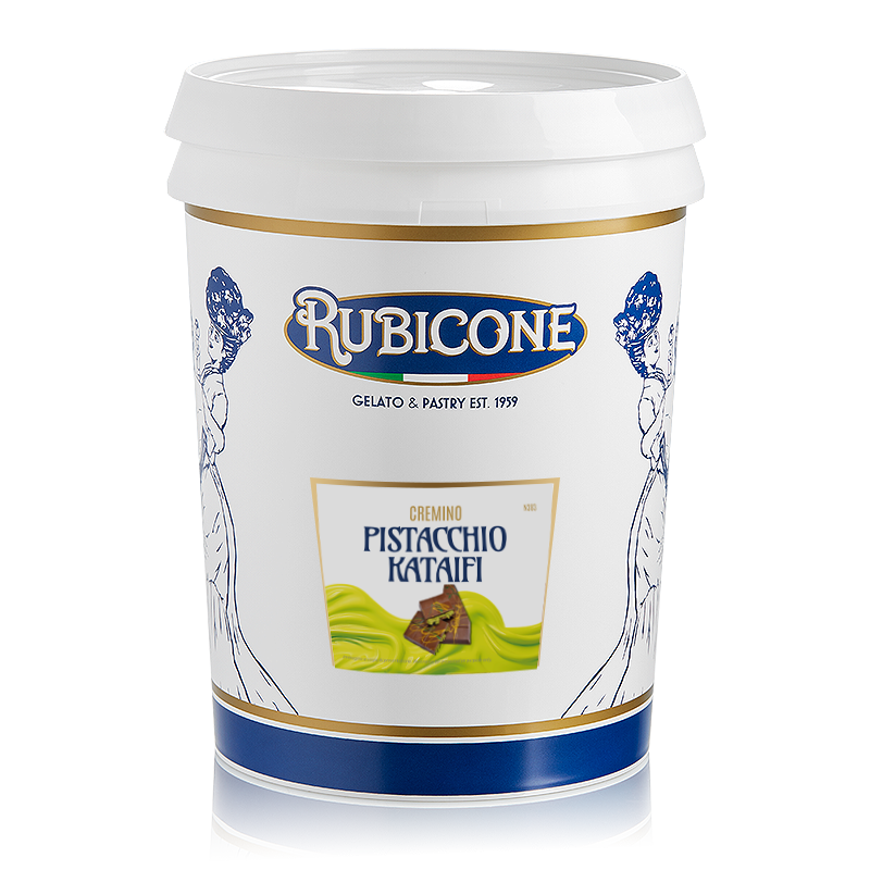 Rubicone cremino 5 KG container with pistachio kataifi flavor on a white background