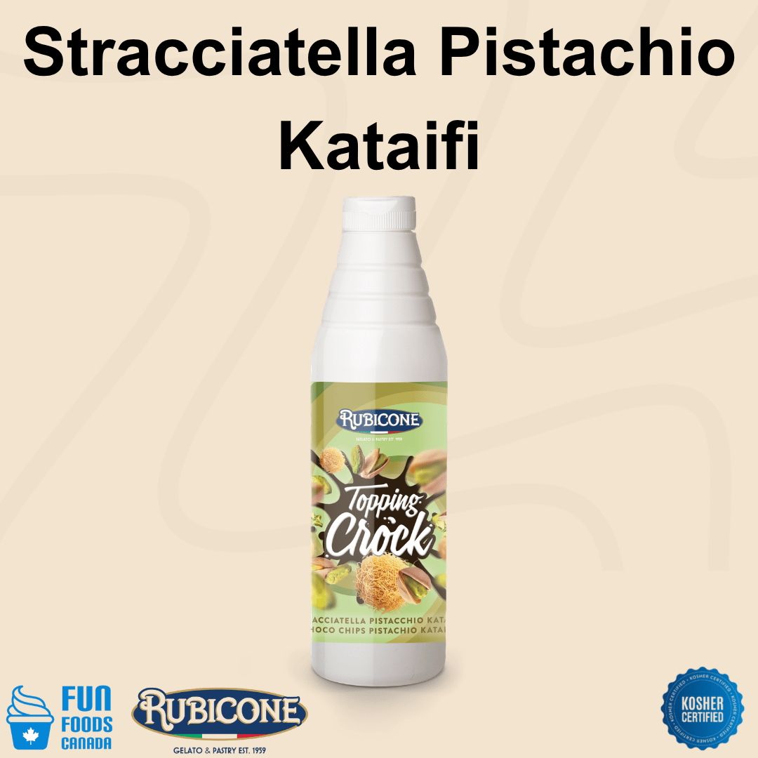 Rubicone Stracciatella Pistachio Kataifi Topping Crock, a crunchy pistachio topping with pistachio pieces and crispy kataifi for gelato, ice cream and desserts. Kosher certified.

