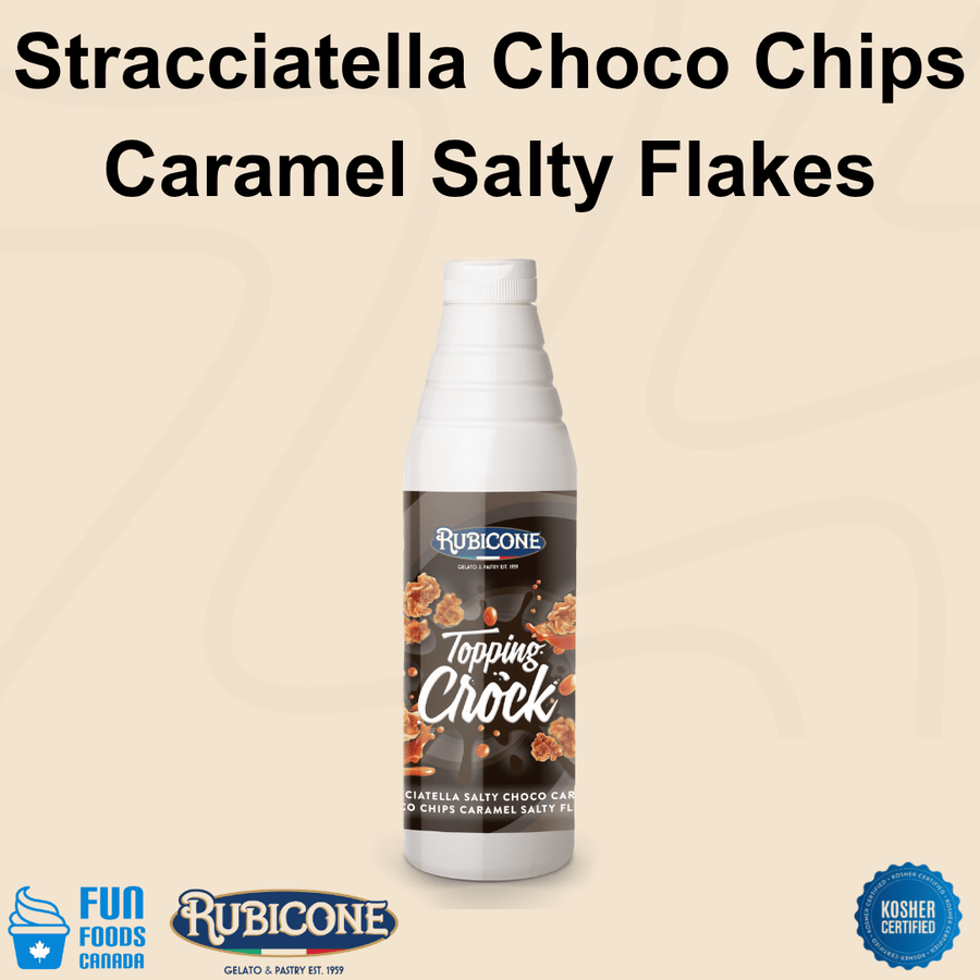 Rubicone Stracciatella Choco Chips Caramel Salty Flakes Topping Crock, a crunchy chocolate and salted caramel dessert topping. Kosher certified.
