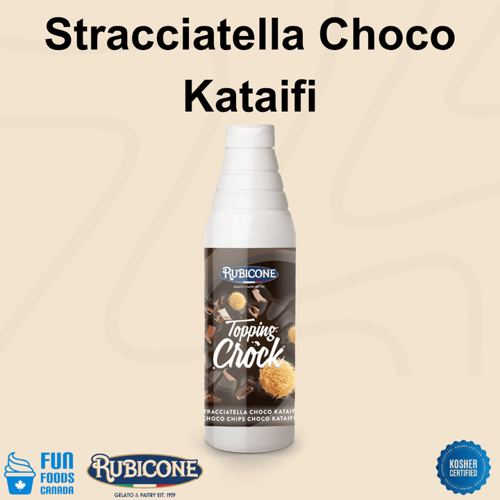 Rubicone Stracciatella Choco Kataifi Topping Crock, a crunchy chocolate topping with chocolate chips and crispy kataifi pieces for gelato, ice cream and desserts. Kosher certified.
