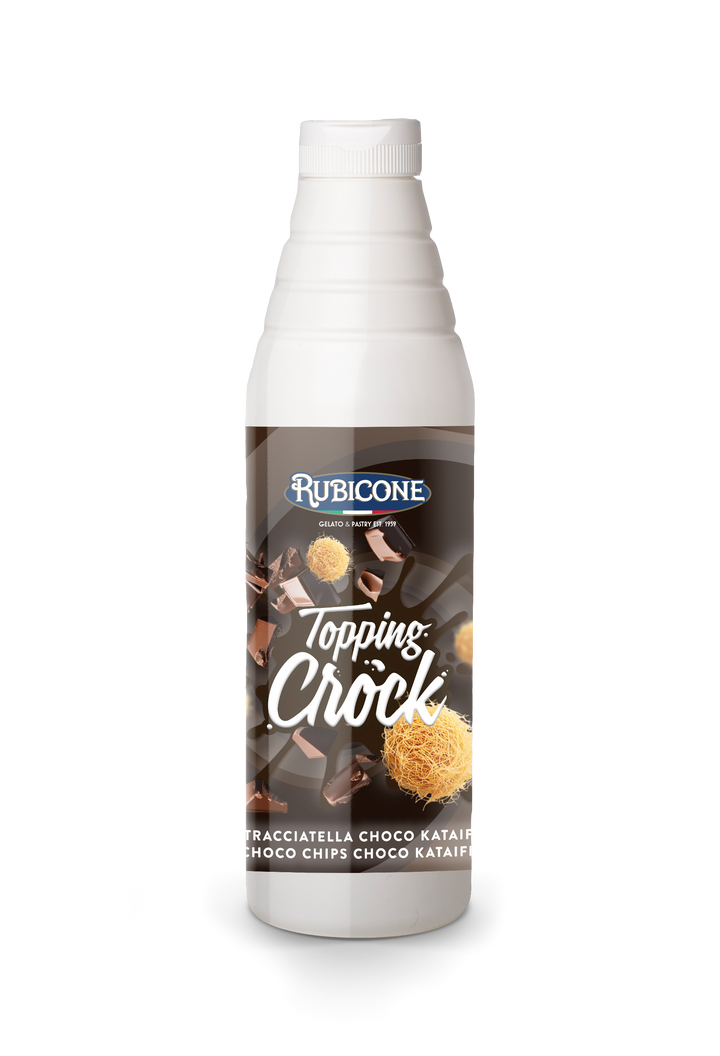 Rubicone Topping Chocolate Chips Chocolate Kataifi Topping with Pieces (Dubai Chocolate Topping) in a 0.85 KG squeeze bottle on a white background