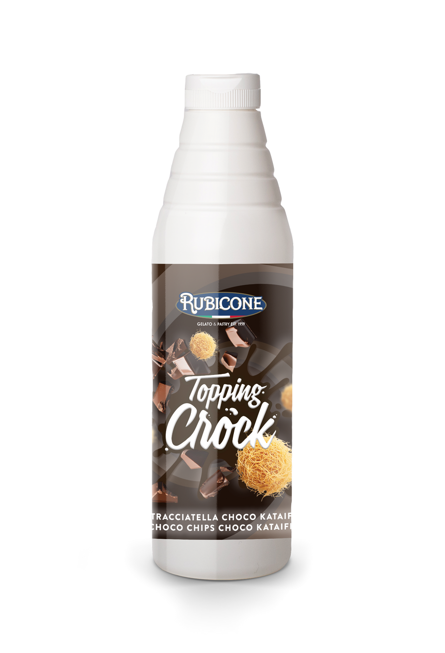 Rubicone Topping Chocolate Chips Chocolate Kataifi Topping with Pieces (Dubai Chocolate Topping) in a 0.85 KG squeeze bottle on a white background