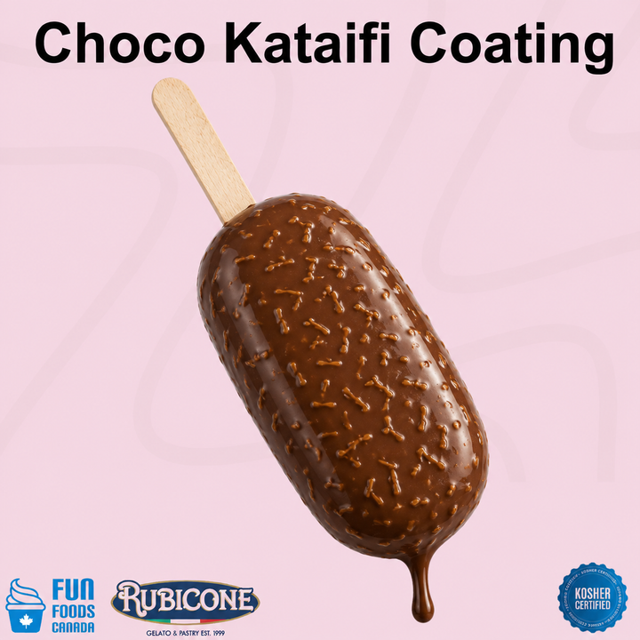 Rubicone Choco Kataifi Coating – chocolate coating for gelato sticks and pops with kataifi-inspired flavour. Kosher certified.
