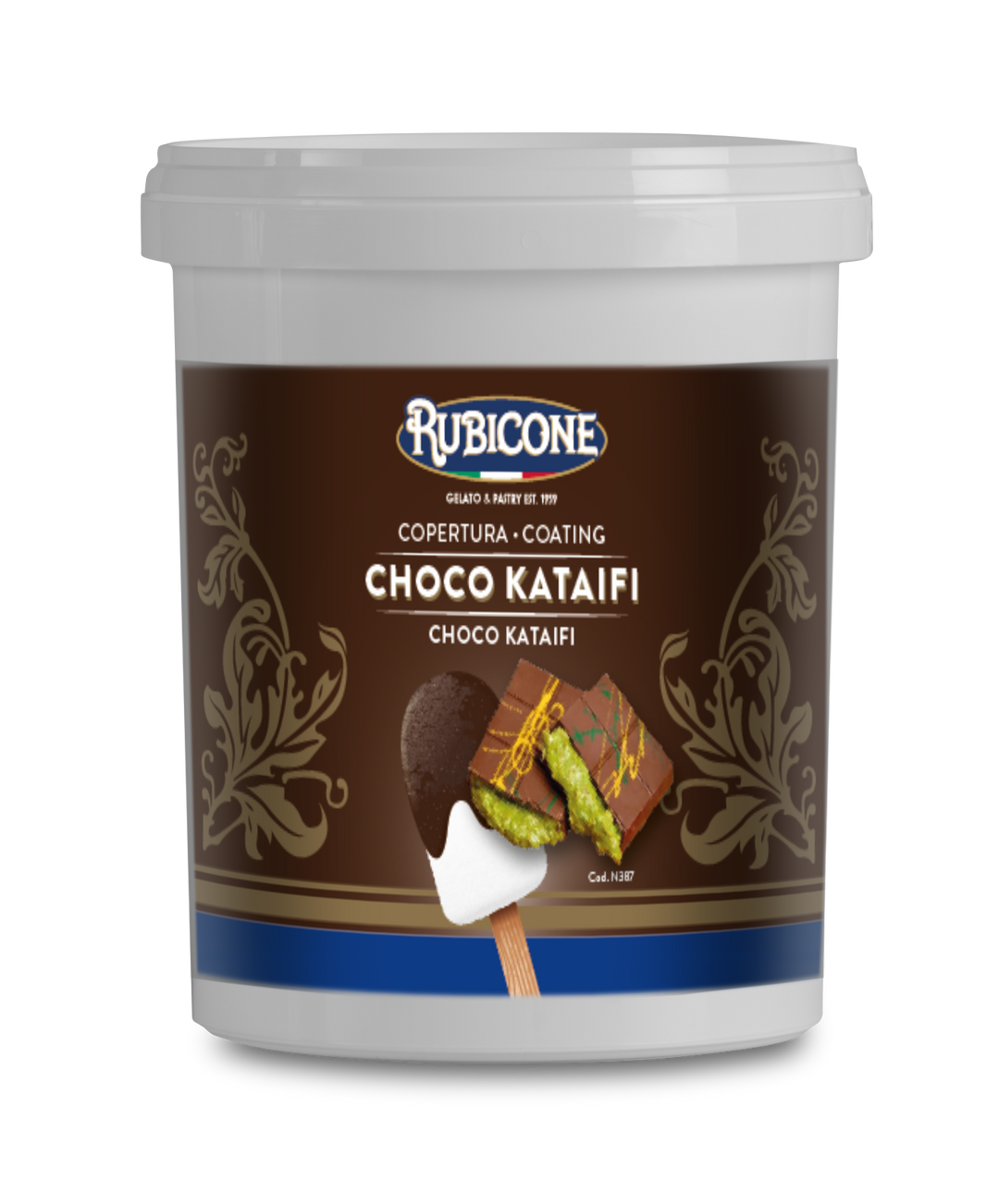 1.5 KG Container of Rubicone Dubai Chocolate Choco Kataifi Cone Dip Coating on a white background