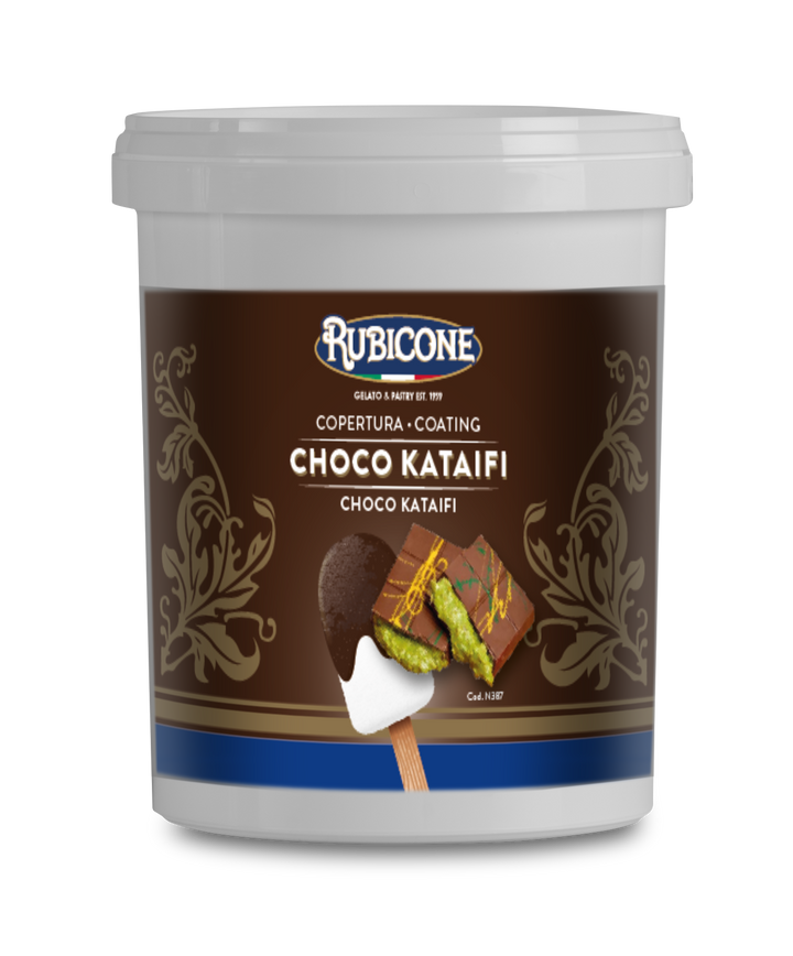 1.5 KG Container of Rubicone Dubai Chocolate Choco Kataifi Cone Dip Coating on a white background