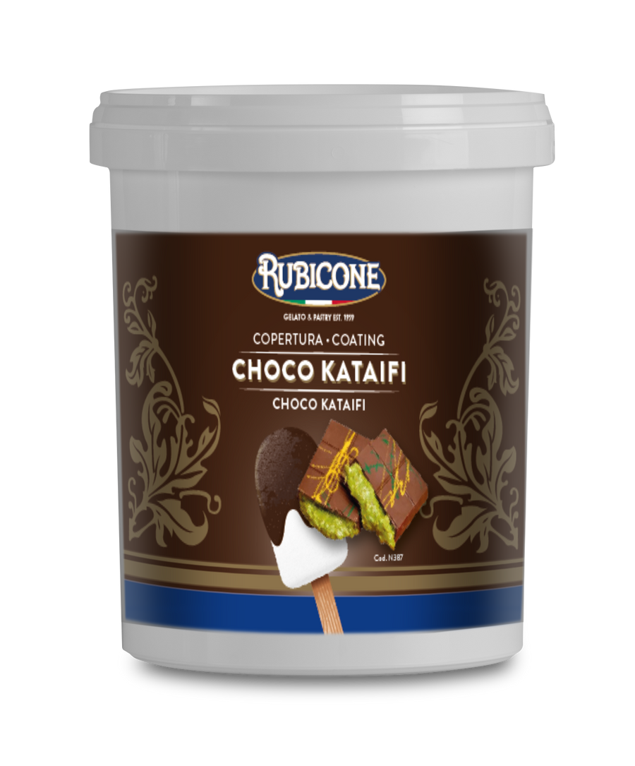 1.5 KG Container of Rubicone Dubai Chocolate Choco Kataifi Cone Dip Coating on a white background