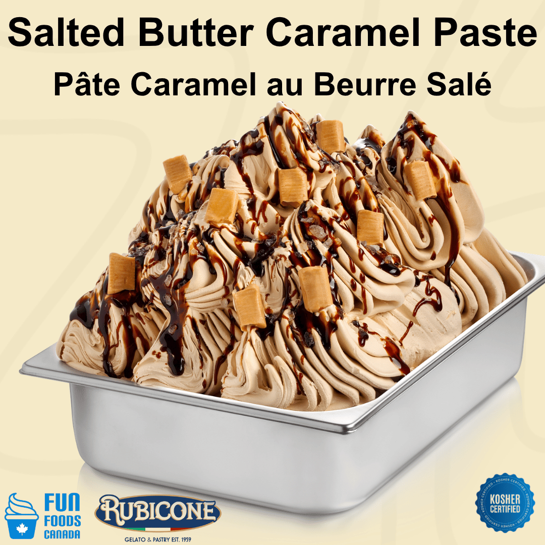 Salted butter caramel gelato ice cream on a wide gelato pan with Fun Foods Canada and Rubicone brand logos and Kosher badge. 