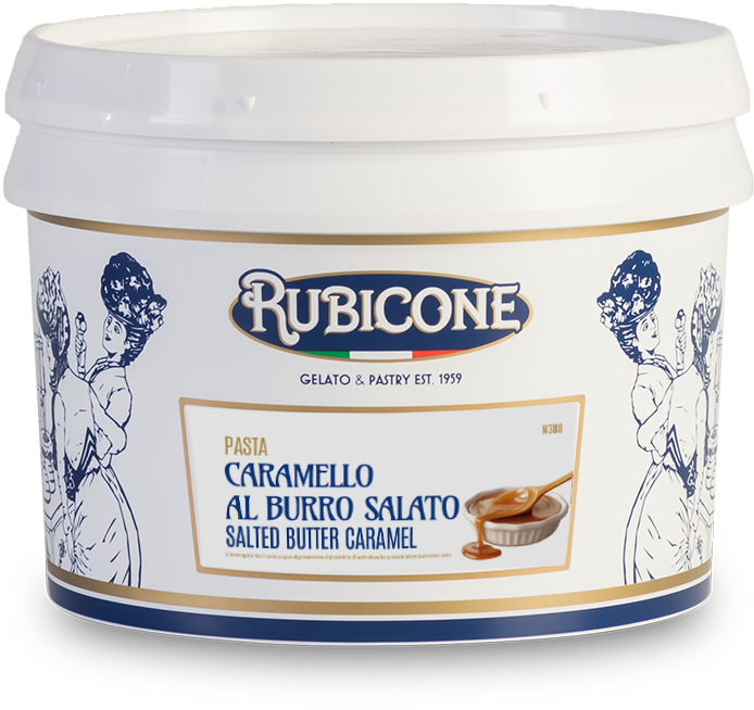 3 KG bucket of Rubicone Salted Butter Caramel Classic Gelato Paste on a white background