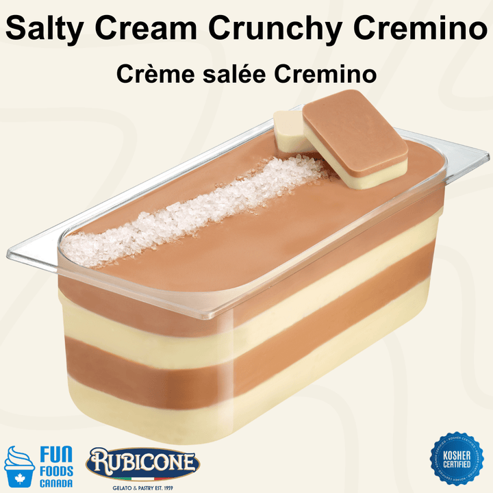 Rubicone Salted Caramel Crunchy Cremino for premium gelato layers and textures, featuring layered salted caramel cremino in a display pan topped with crunchy pieces, sea salt crystals, and decorative cremino bars. Available in Canada from Fun Foods Canada.