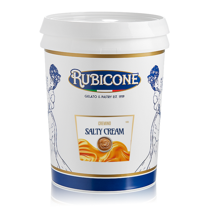5 KG bucket of Rubicone Salty Cream spreadable filling cream, "Cremino Salty Cream" on a white background