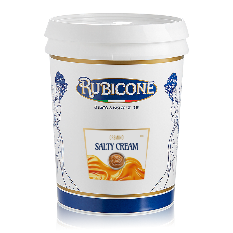 5 KG bucket of Rubicone Salty Cream spreadable filling cream, "Cremino Salty Cream" on a white background