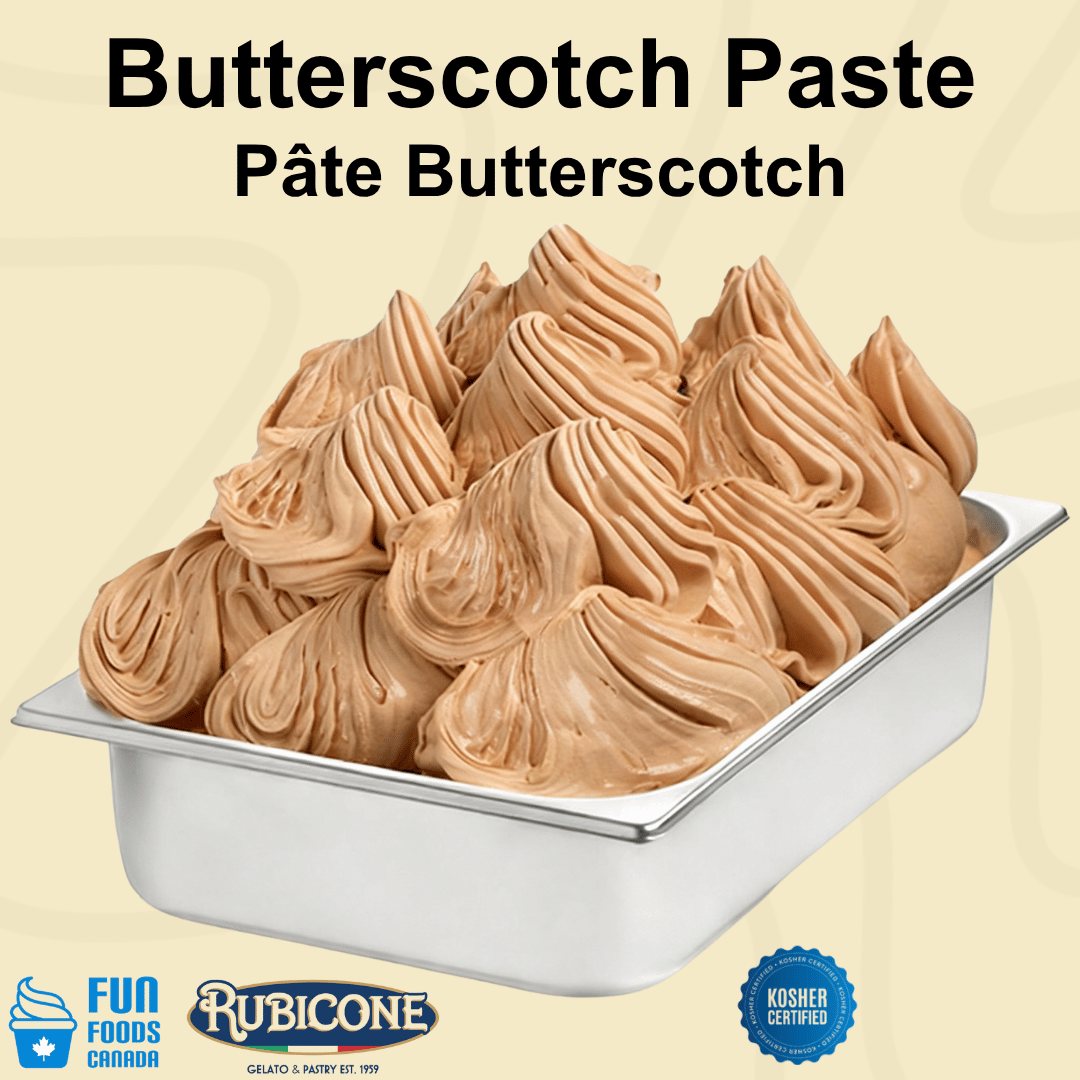 Butterscotch gelato in a wide stainless steel gelato pan with Rubicone and Fun Foods Canada branding on a beige background with Kosher certified badge. 