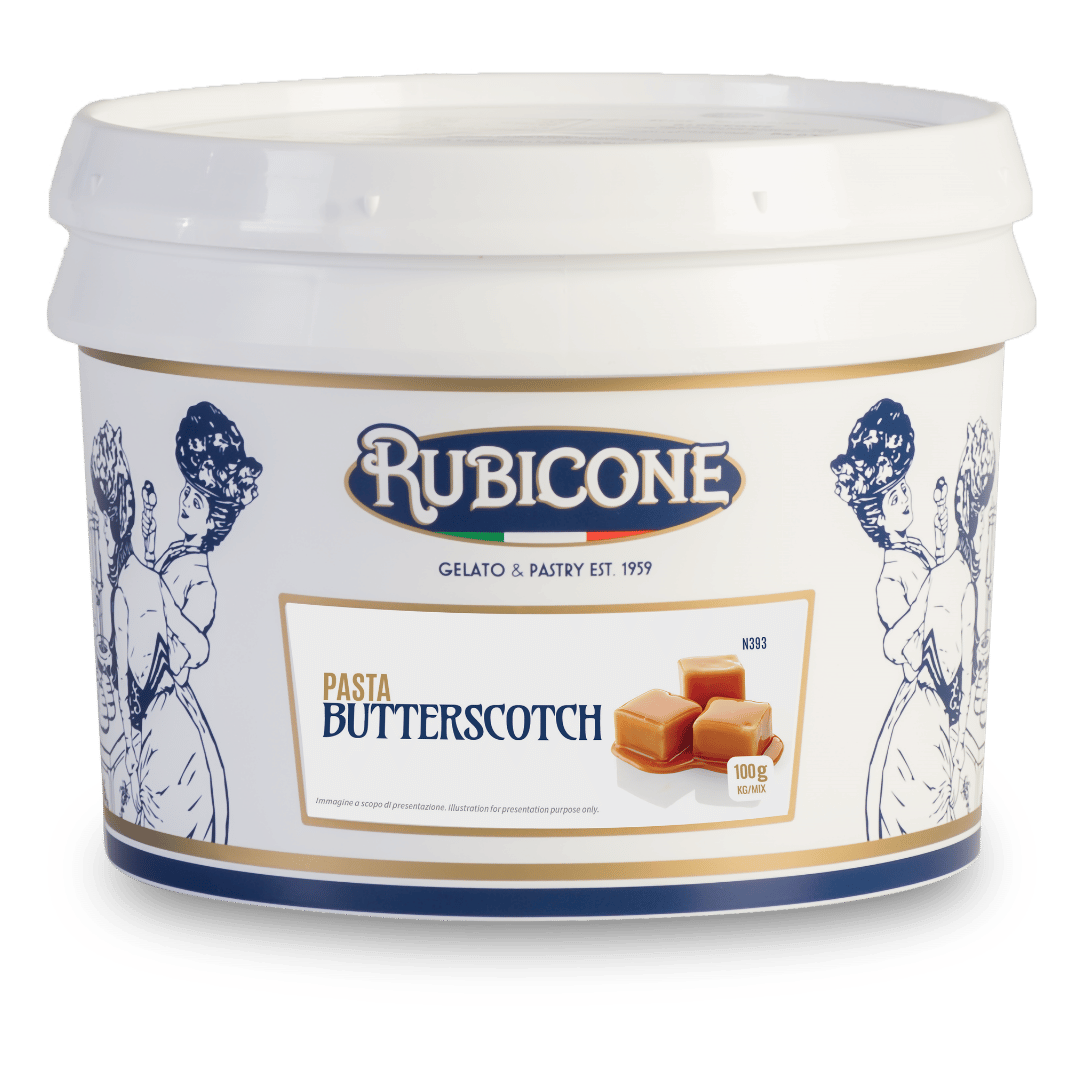 3 KG bucket of Rubicone N393 butterscotch paste on a white background - classic gelato pastes - Canadian distribution of Rubicone Gelato and Pastry products