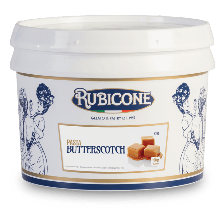 3 KG bucket of Rubicone N393 butterscotch paste on a white background - classic gelato pastes - Canadian distribution of Rubicone Gelato and Pastry products