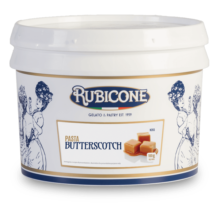 3 KG bucket of Rubicone N393 butterscotch paste on a white background - classic gelato pastes - Canadian distribution of Rubicone Gelato and Pastry products