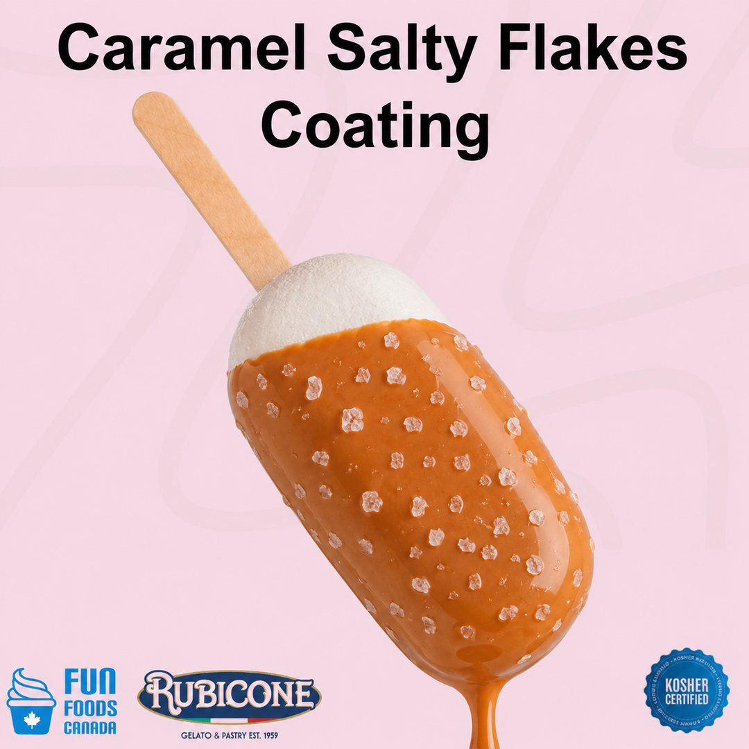 Rubicone Caramel Salty Flakes Coating for gelato sticks and ice cream bars, featuring a smooth caramel coating with crunchy salty flakes. 
