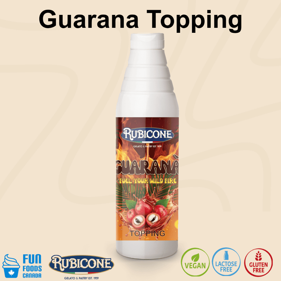 Rubicone Guarana Topping, a fruity guarana-flavoured dessert sauce for topping and decorating gelato, ice cream, frozen yogurt, desserts and specialty creations. Vegan, Lactose-Free and Gluten-Free.
