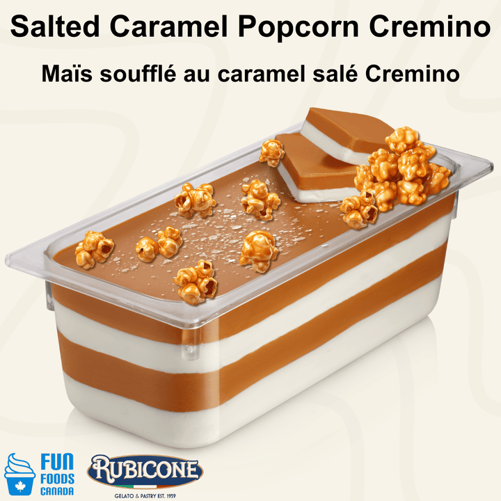 Rubicone Pop Corn Salted Caramel Cremino for premium gelato layers and textures, featuring layered salted caramel cremino in a display pan topped with popcorn, crunchy pieces, and decorative cremino bars. Available in Canada from Fun Foods Canada.