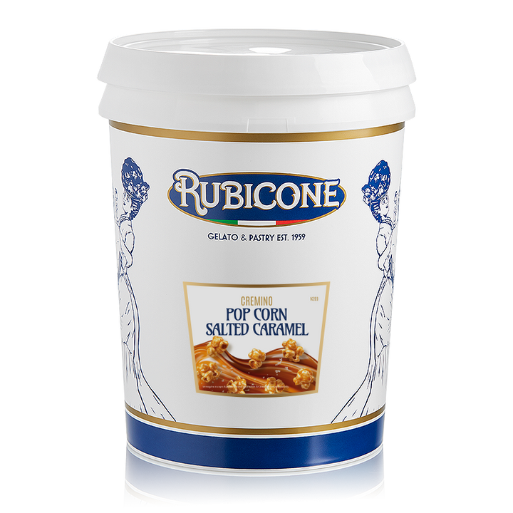 5 KG bucket of Rubicone Popcorn Salted Caramel Spreadable Filling Cream, "Cremino Popcorn Salted Caramel" on a white background