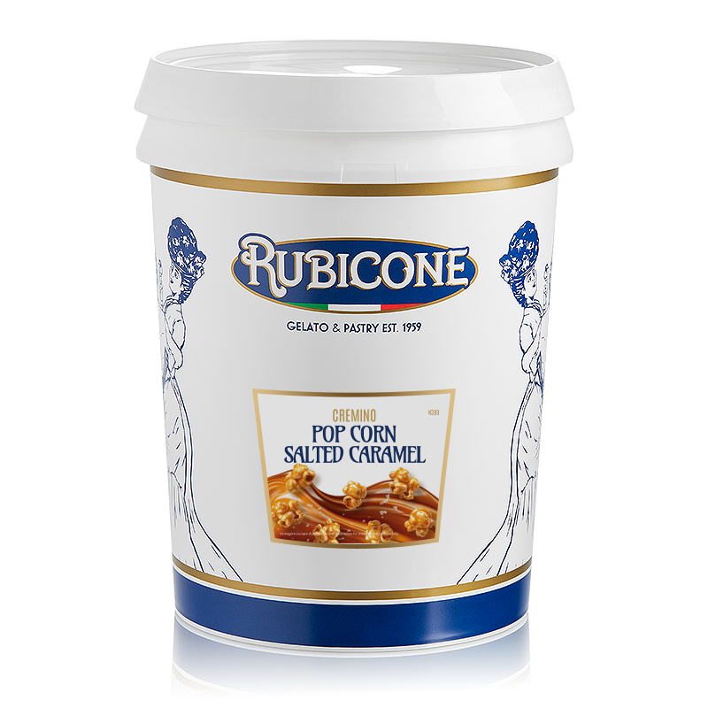 5 KG bucket of Rubicone Popcorn Salted Caramel Spreadable Filling Cream, "Cremino Popcorn Salted Caramel" on a white background