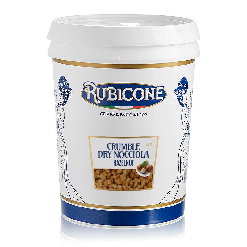3 KG container of Rubicone Crumble Dry Hazelnut on a white background by Rubicone Canada - Canadian distribution of Rubicone gelato and pastry products