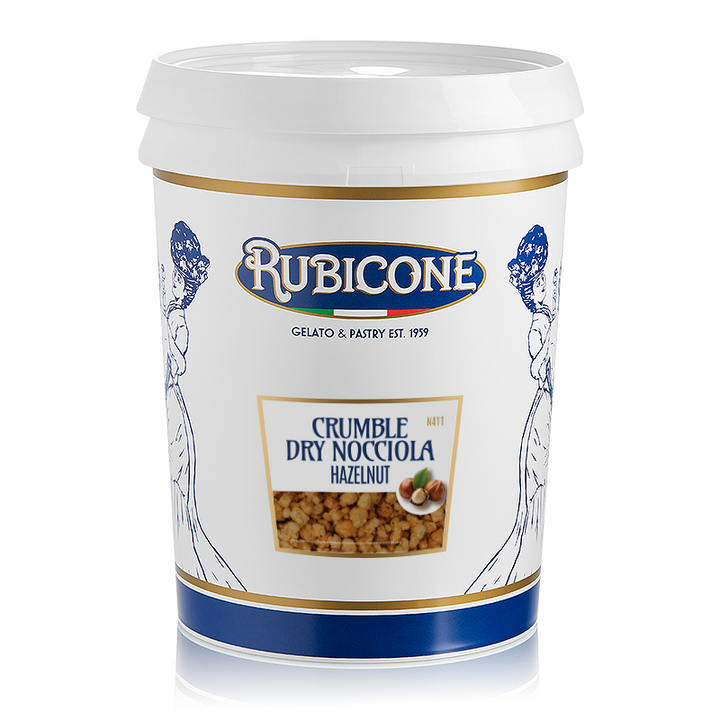 3 KG container of Rubicone Crumble Dry Hazelnut on a white background by Rubicone Canada - Canadian distribution of Rubicone gelato and pastry products