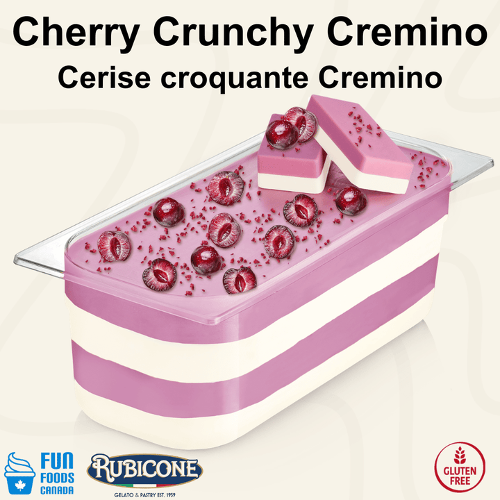 Rubicone Cherry Crunchy Cremino for premium gelato layers and textures, featuring layered cherry cremino in a display pan topped with crunchy pieces, cherry inclusions, and decorative cremino bars. Available in Canada from Fun Foods Canada.